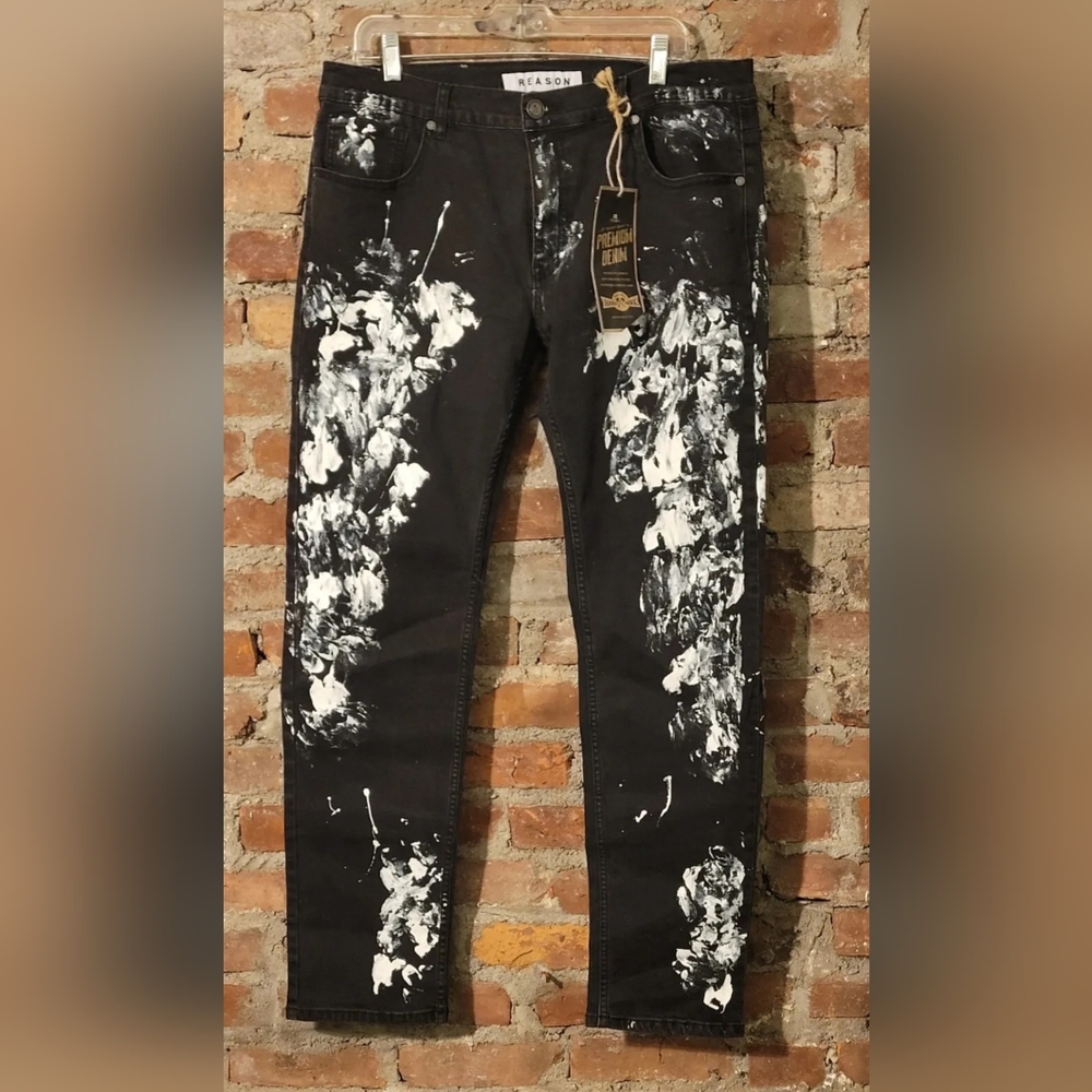 REASON SUPPLY NYC PAINT SPLATTER SLIM STRAIGHT JEANS Sz 38 LEVIS 5 POCKET 38